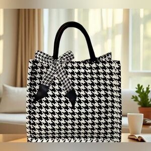 Stylish Black and White Houndstooth Tote Bag with Removable Tie
